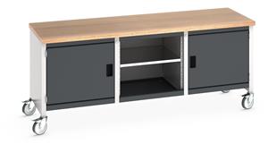 Bott Cubio Mobile Storage Workbench 2000mm wide x 750mm Deep x 840mm high supplied with a Multiplex (layered beech ply) worktop, 2 x integral storage cupboards (650mm wide x 650mm deep x 500mm high) and 1 x mid section with full depth adjustable... 2000mm Width Mobile Industrial Storage Bench with cupboards & Drawers